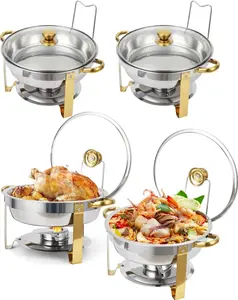 Garvee Stainless Steel Round Chafing Dish Sets for Buffet and Catering, Available in 2 or 4 Packs, Featuring 5QT Capacity, Glass Lids, and Suitable for Home Parties, Weddings, Banquets, and Holiday Gatherings