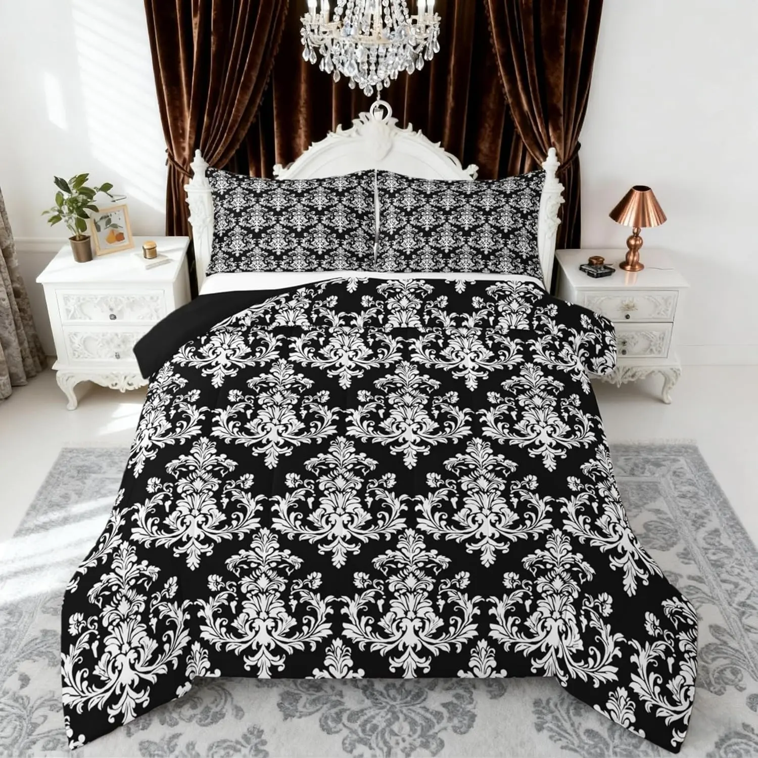 Vintage White Black Comforter Set,Bohemian Victorian Baroque Floral Reversible Bedding Set Bedroom Collection,Gothic Damask Lace Pattern Soft Quilted Duvet