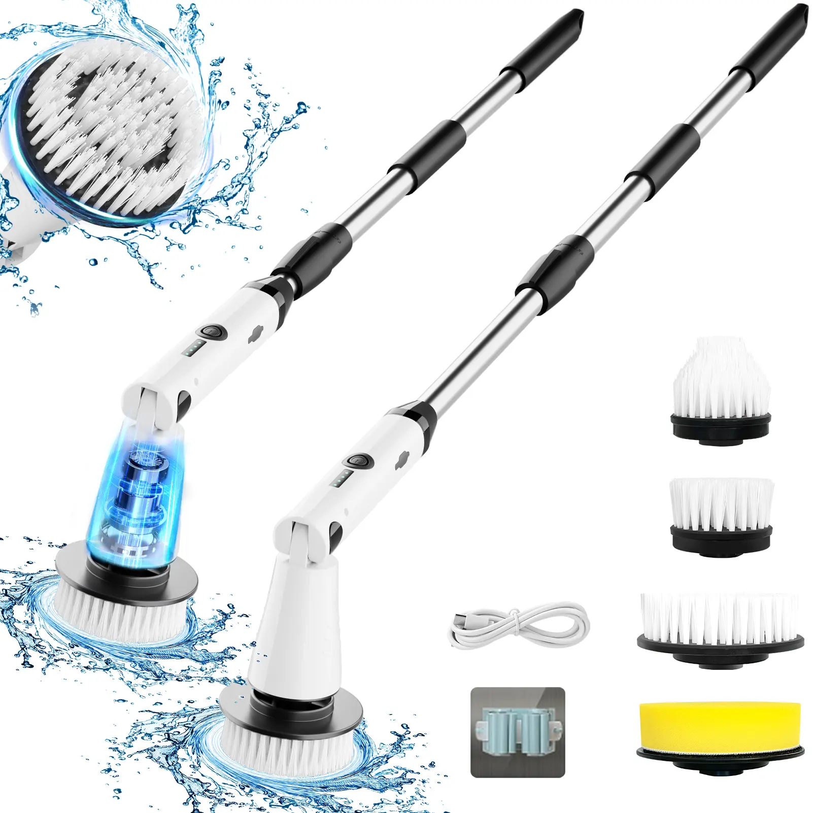 Cordless Rechargeable Electric Spin Scrubber - USB Rechargeable Scrubber with Adjustable Arm, 3 Replaceable Scrubbing Spin Brush Heads for Bathroom Tile, Tub, Floor