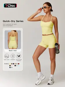 Women's Solid Backless Crop Cami Top & Shorts Set, Sporty Sleeveless Top & Skinny Shorts, Ladies Sportswear for Indoor and Outdoor Wear, Stretchable Activewear, Fitness Outfits, Athletic Fashion Activewear
