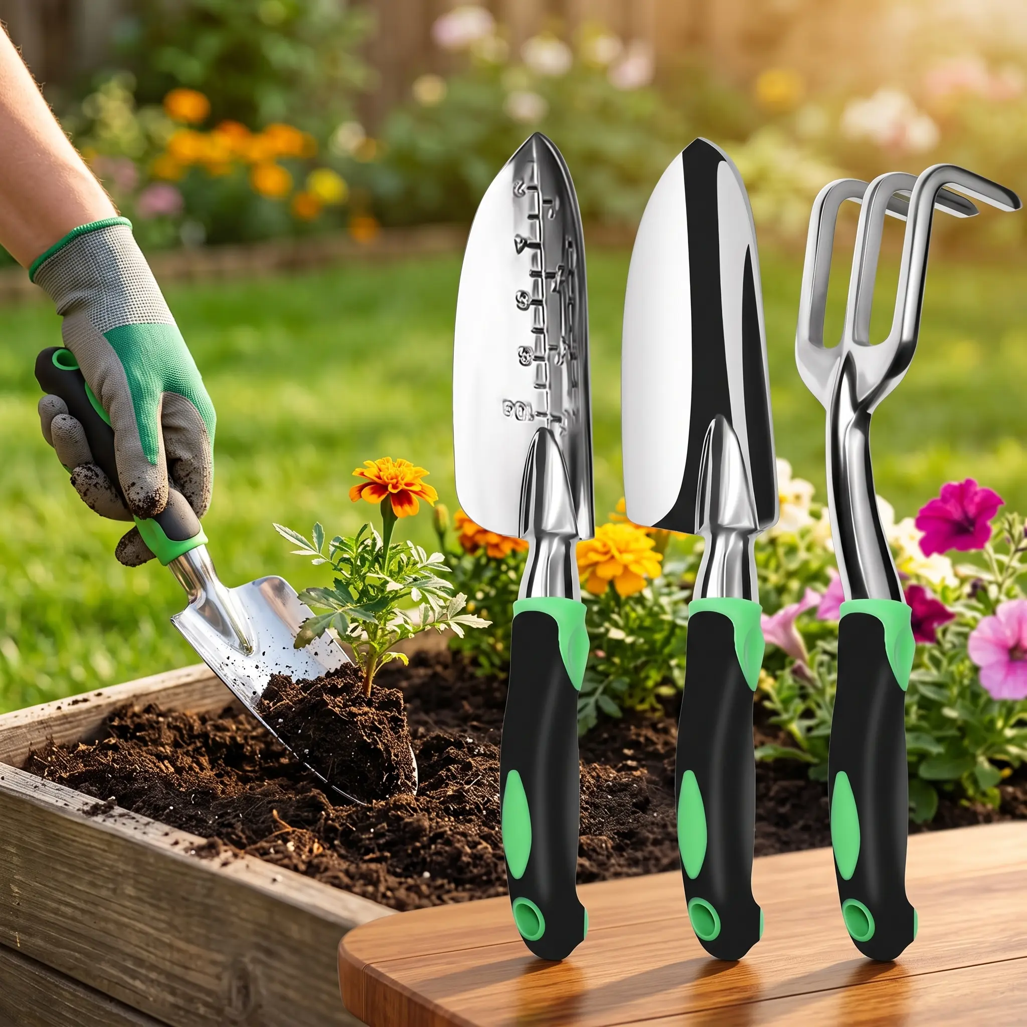 3-Piece Alloy Metal Garden Tool Kit - Heavy-Duty Polished Finish Aluminum Set with Ergonomic Soft Non-Slip Rubber Handles, Hand Trowel, Transplant Trowel, Cultivator Rake, Hanging Hole, In/Cm Compatibility, Durable Garden Maintenance Gift, 3-Piece Kit, So