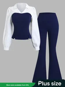 Women's Elegant Aesthetic Striped Chiffon Blouse Set, Slim-Fitting Flare Pants, Fall & Winter Fashion, Casual Chic Outfit