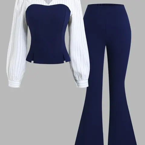 Women's Elegant Aesthetic Striped Chiffon Blouse Set, Striped Printed Set, Slim-Fitting Flare Pants, Fall & Winter Fashion, Casual Chic Outfit, Womenswear
