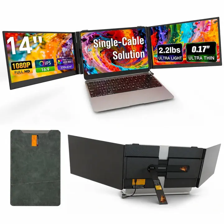 HotBell S8 Ultra Triple-Screen Laptop Monitor Extender, Dual 14-Inch 1080P IPS Displays, USB-C, 60Hz