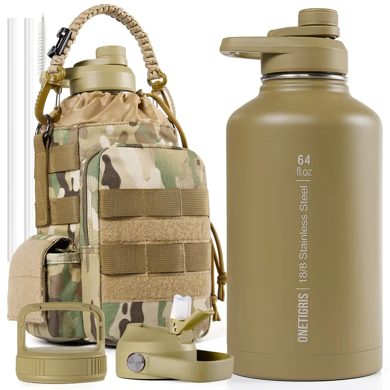 OneTigris Half-Gallon Double Layer Insulated Stainless Steel Water Bottle - Heat-Insulating Cup, Drop-Resistant Portable Leak-Proof Sports Bottle, Pouch Carry + Pockets, 3 Interchangeable Lids, 24H Hot Sips, 48H Cold, Father's Day Gifts for Adults