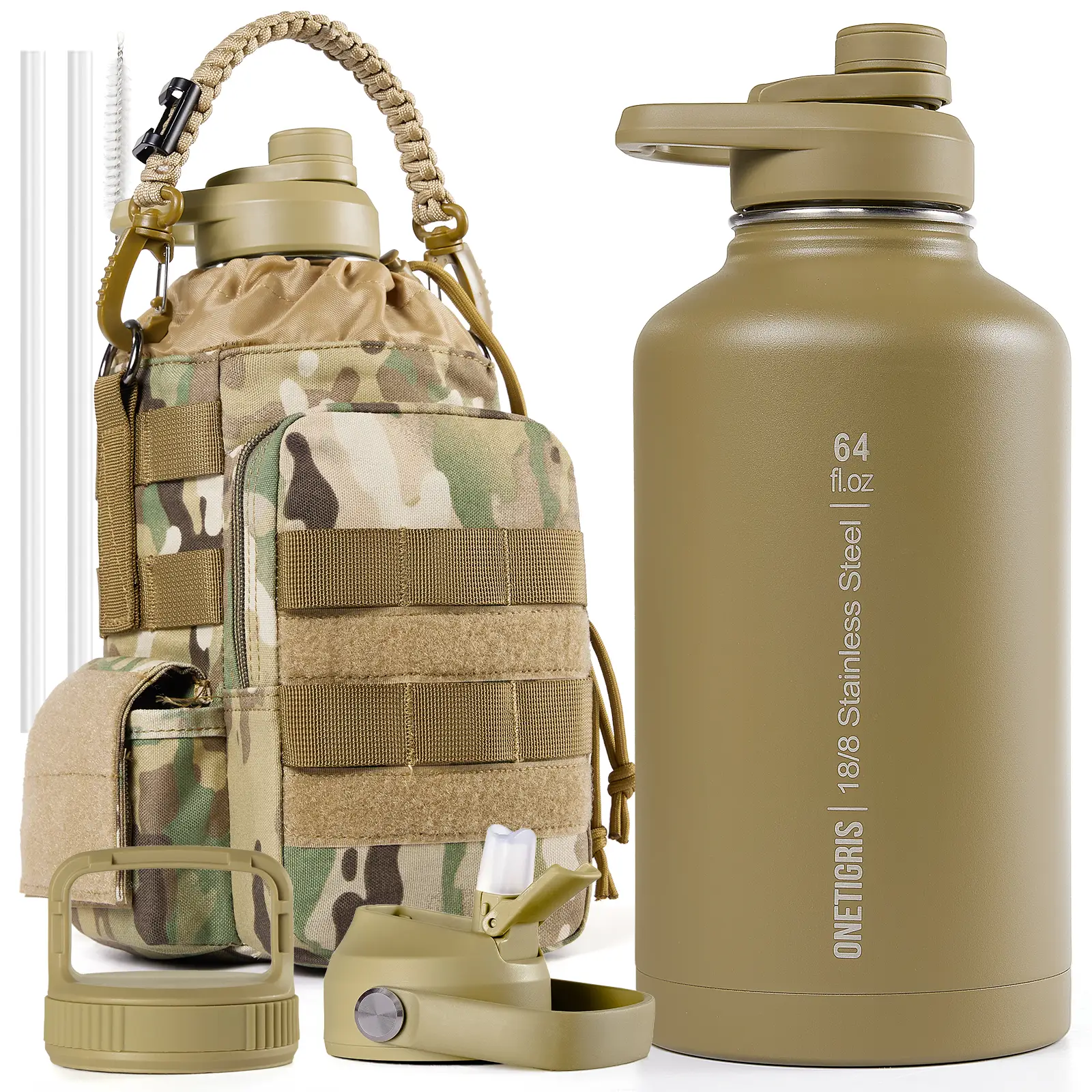 OneTigris 64 oz Insulated Stainless Steel Water Bottle with Carry Pouch 3 Interchangeable Lids Perfect Gift for Dad Mom Vacuum Flask Drinkware 24H Hot