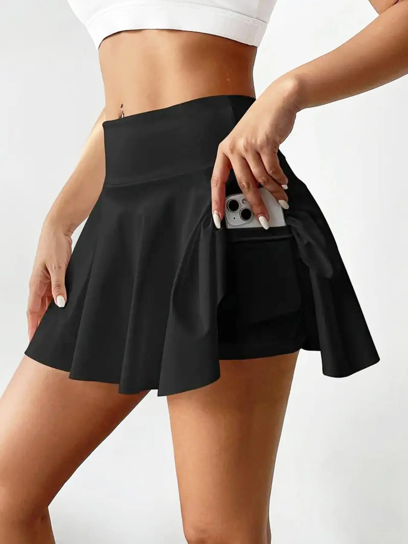 Women's 2 in 1 Skirt with Shorts High Waist Sports Skort, Gym Shorts, Solid Pocket Design Skort for Yoga Gym Workout, Ladies Sportswear for Summer, High Waisted Skorts, Athletic Skort, Casual Sporty Skort, Basic Versatile Skorts, Pockets Stretchy Skorts
