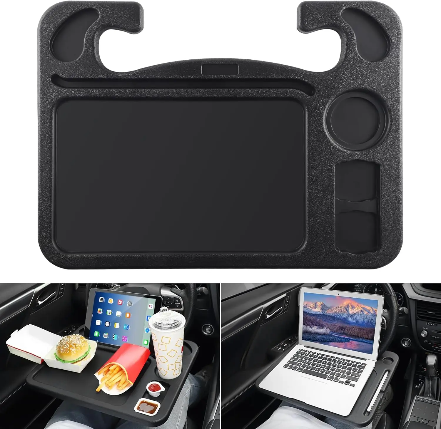 4 In 1 Car Steering Wheel Desk for Laptop,Versatile Upgraded Car Seat Tray, Spacious Steering Wheel Table With Tablet Holder and Dual Sauce Racks,Steering Wheel Under Table Console (Large)