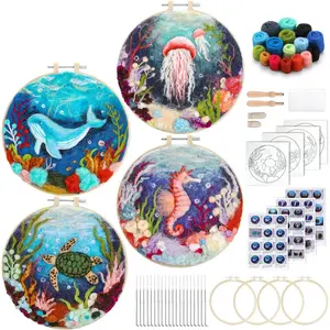 Needle Felting Kit, Wool Felting Kit for Beginners Adult with Wool, Needles, Foam Pad, Felt Cloth and Instructions – 4 Set Sea Animals Painting Frame for Great Gift Decoration