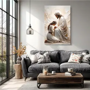 Jesus Kneeling with Praying Believer Christian Art Religious Decor for Living Room Home Jesus with Praying Believer Interaction Spiritual Companion Wall Art Spiritual Blessing Ornaments Decoration   wall decor  dopamine decor poster