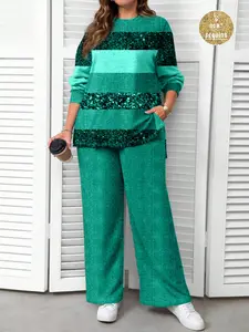 Plus Size Women's Fashion Printed Long-Sleeve Top & Wide-Leg Pants Set, Trendy Inspired by Tiktok Style