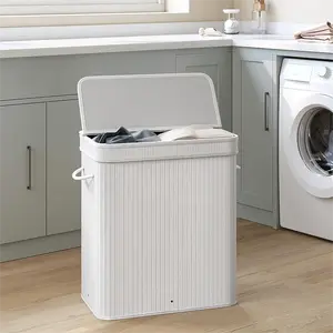 100L Bamboo Laundry Hamper with Lid Laundry Basket with Handles for Laundry Room Bedroom Bathroom White