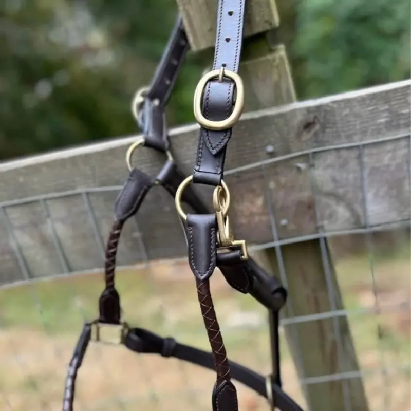Horse Size Brown Braided Top Grain Leather Halter