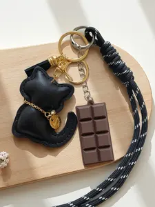 Cat Chocolate Bag Charm, Keychain Kawaii, Three-Dimensional Cat+Simulated Chocolate Shape Niche Retro Style Sweet And Cool Personality Exquisite And Cute For Bag Key Earphone Box A Must-Have For Delicate Girls Gifts