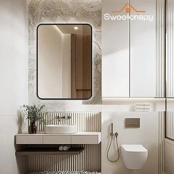 SweetFurniture Black Aluminum Metal Frame Rectangular Vanity Mirror - Rounded Corner, Large Vertical 1:1 True View Glass, Anti-Fog, Anti-Rust Wall-Mount Bathroom Mirror for Over Sink, Modern Minimalist Indoor Use
