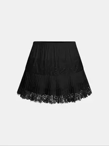 Women's Lace Patchwork Pleated Short Skirt, Sweet Elegant Style, Show Leg Length, Plain Pattern, S Type Silhouette