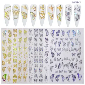 🦋Valentine's Day Theme Nail Stickers Butterfly Nail Sticker Set – French Style 3D Laser Effect Gold and Silver Butterfly Stickers, DIY Gel Art Nail Decals, Suitable for Home Nail Salon Use.