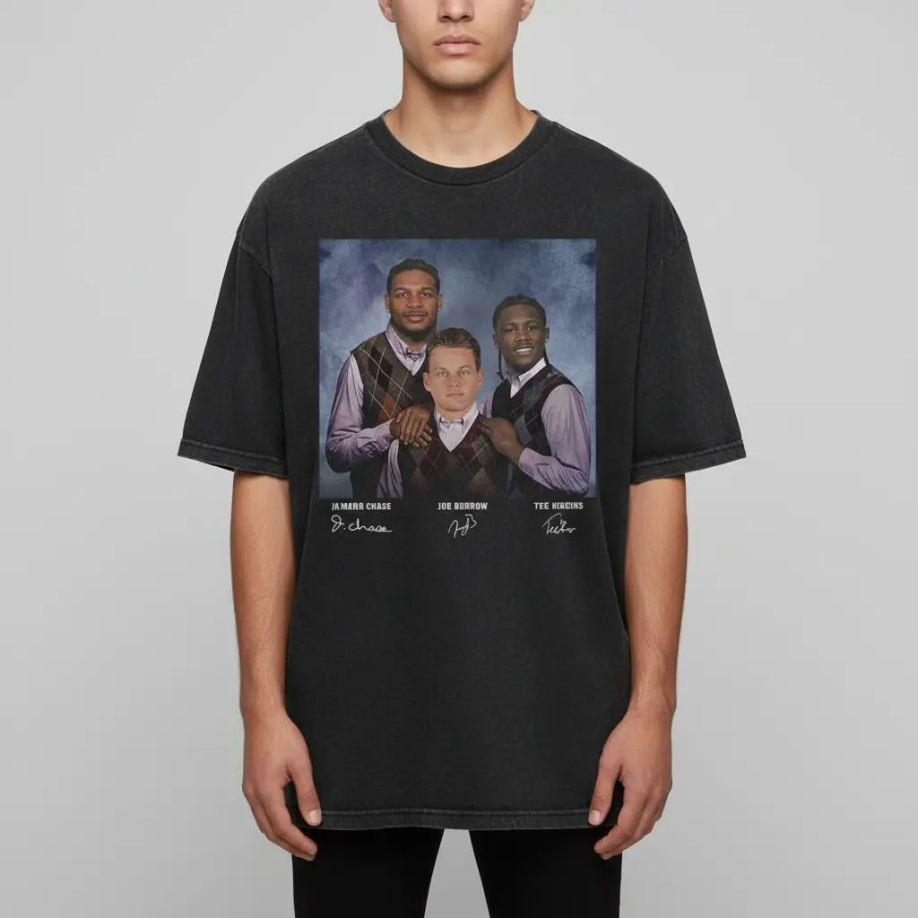 Ja'Marr Chase, Joe Burrow & Tee Higgins Cincinnati Step Bros Football Shirt - Unisex Pigment Dyed Vintage Tee, Faded Comfort Colors Relaxed Fit Heavyweight Soft Cotton for Casual Streetwear Fans