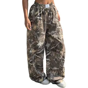 Women's High Waisted Wide Leg Cargo Joggers, Withered Branches Maple Leaf Camo Print, Drawstring Baggy Loose Fit, Ruched Front Zipper, Plus Size Stretch Lightweight 90s Retro Casual Pants
