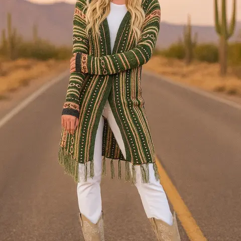 Women's Hooded Acrylic Cardigan Knitwear - Long Sleeve, Vibrant Southwestern Geometric Fringe, Flattering Fit Casual Jumper Piece, Bold Bohemian Style, Cozy, Cold Wash Compatible (Pairs with Jeans)