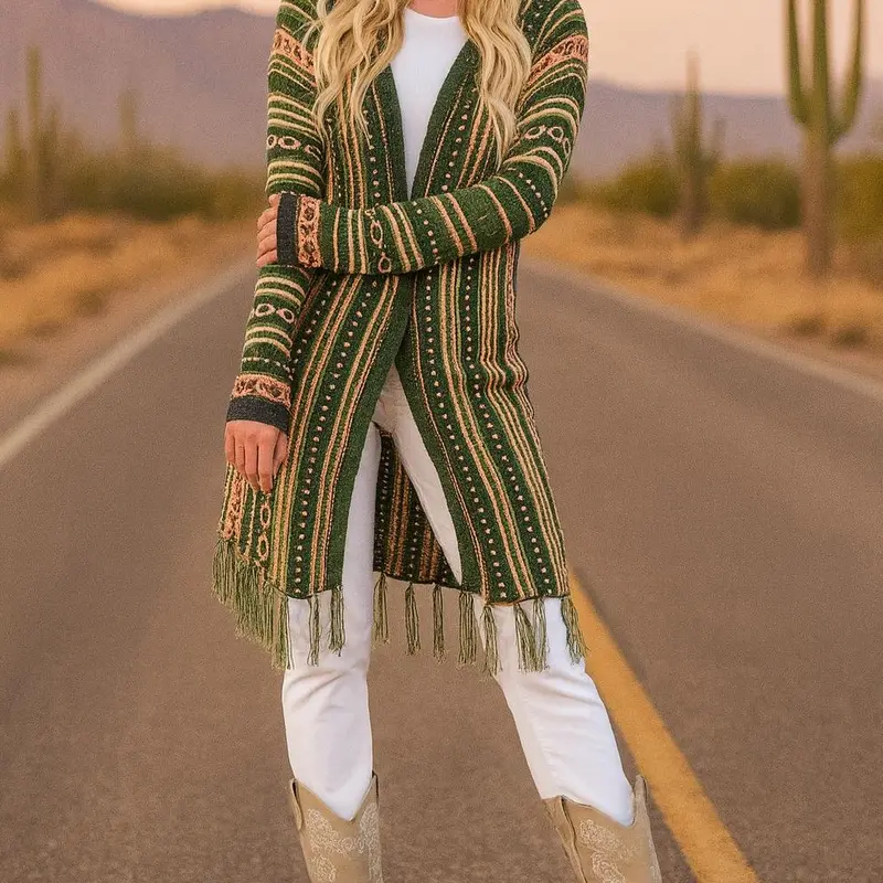 Women's Hooded Acrylic Cardigan Knitwear - Long Sleeve, Vibrant Southwestern Geometric Fringe, Flattering Fit Casual Jumper Piece, Bold Bohemian Style, Cozy, Cold Wash Compatible (Pairs with Jeans)