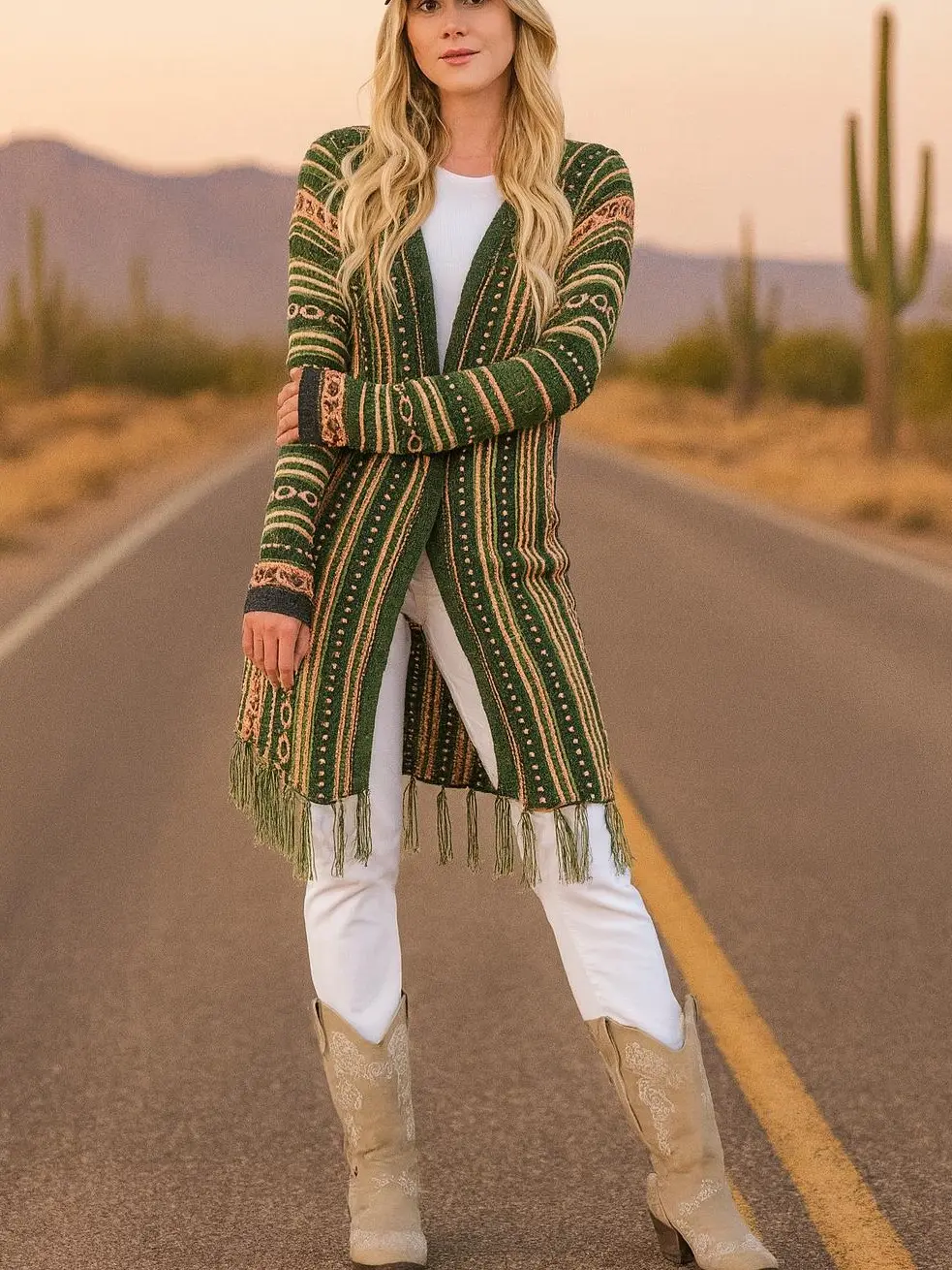 Women's Vibrant Southwestern-Inspired Geometric Bohemian Fringe Hooded Knitwear Cardigan - Long-Sleeve Casual Jumper with Flattering Fit, Stylish Piece