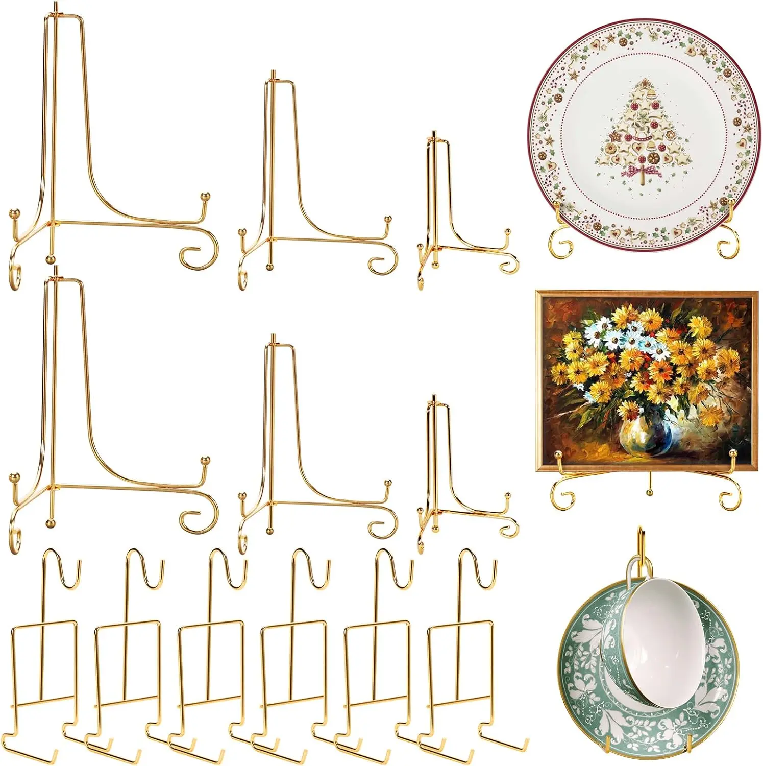 6Pcs Gold Plate Stands for Display, 4 6 8 Inch Plate Holder & 6Pcs Cup and Saucer Display Stand for Displaying Picture Frames, Book, Card, Mug Organizer, Bowl, Decorative Plates, Tablet and Art ﻿