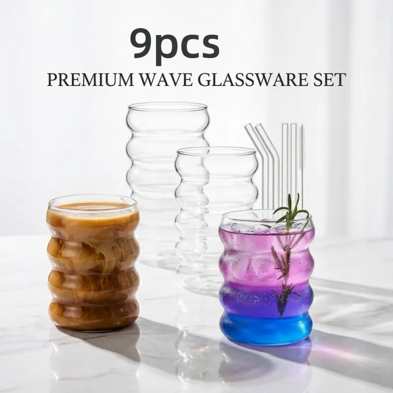 9-Piece Wave Glassware Set, Ripple Textured Glass Cups with Glass Straws & Cleaning Brush, Cute Ribbed Tumblers for Coffee, Juice & Cocktails
