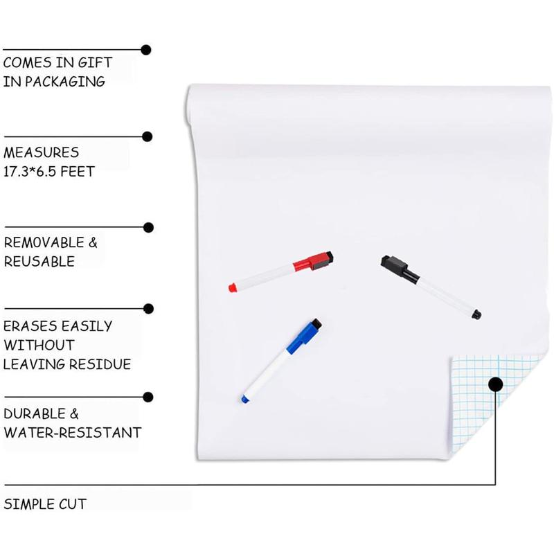 White Board Paper - 17.3" x 78.7" (6.5 ) - Self-Adhesive Dry Erase Board Sheet Sticker Removable Wall  for , Office, School & Home with 3 count Marker Pen