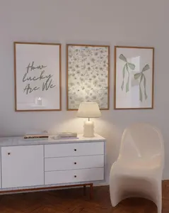 How Lucky Are We Print,Green Floral Bow Wall Art Set of 3,Aesthetic Trendy Coastal 