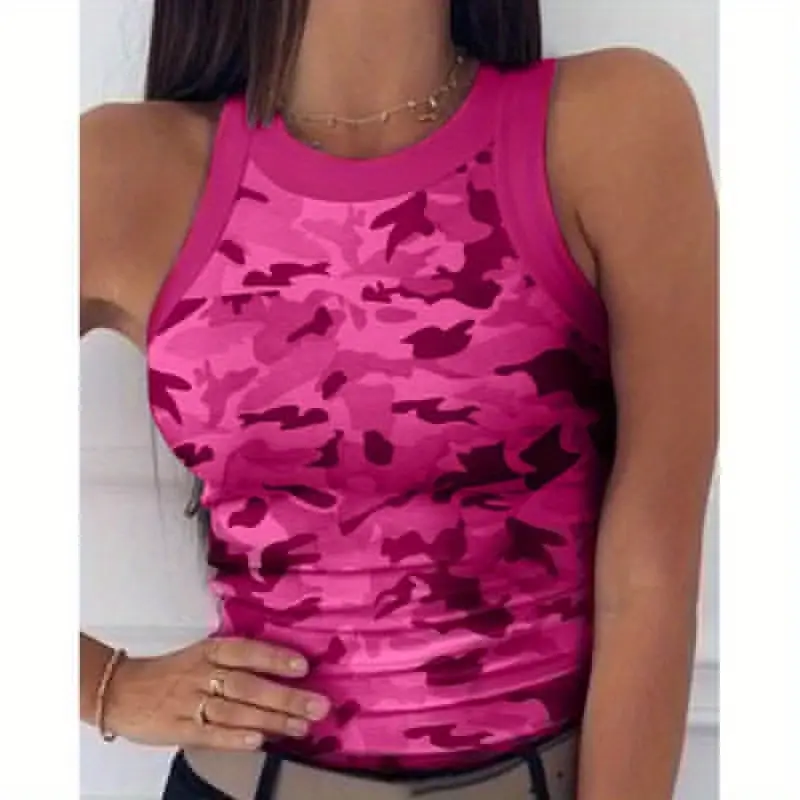 Women's Tank Top in Pink Camouflage, Trendy Sleeveless Crew Neck Summer Vest, Lightweight Elastic & Machine Washable Casual Wear for Ladies, Lady, Round Neck
