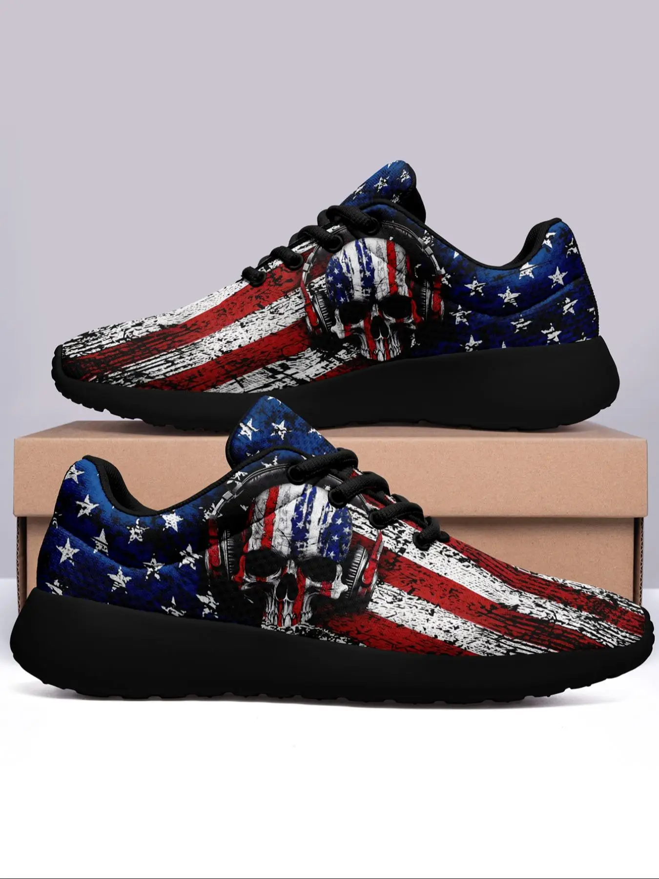 Men's Fashionable Flag & Skull Print Lace Up Low Top Sneakers, Casual Comfortable Breathable Sports Running Sneakers Shoes, Male All-match Round Toe C