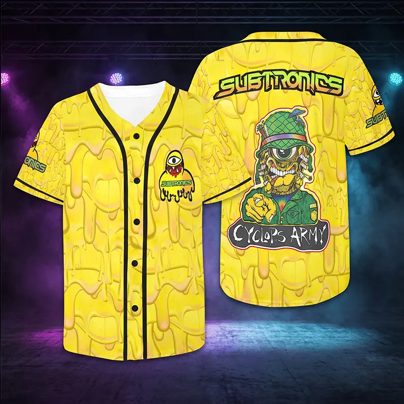 Subtronics Cyclops Army Yellow Dripping Slime Baseball Jersey - Men Women Unisex Trippy Graphic Button Down Short Sleeve Shirt - Dubstep Bass Music EDM Festival Rave Apparel, Birthday Xmas Gift For Electronic Music Fans Men Women