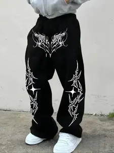 Men's Casual Sporty Long Pants, Gothic Thorn Pattern Print, Drawstring Wide Leg, Loose-Fitting, All Seasons Wear, Men's Fashion, Casual Streetwear Trousers