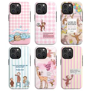 Cute Cartoon Monkey Christian Scripture Tough Phone Case, Pastel Inspirational Bible Verse Phone Cover, curious georgee protective cover, gift for fans iPhone Case Compatible with iPhone 15 16 14 17 Pro Max 13 12 11 AIR Plus Rugged and Durable