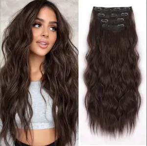 Plodon Dark Brown 4-Piece Clip-in Hair Extensions — 16/20/24-Inch Single-Piece Set. Featuring a thickened design to boost hair volume and a high-crown style that frames the face for a slimming effect; a long, wavy wig.