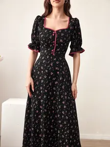 Women's Floral Print Sweetheart Neckline Dress, Casual Summer Long Sleeve A-Line Dress, Elegant Ruffle Hem Midi Dress