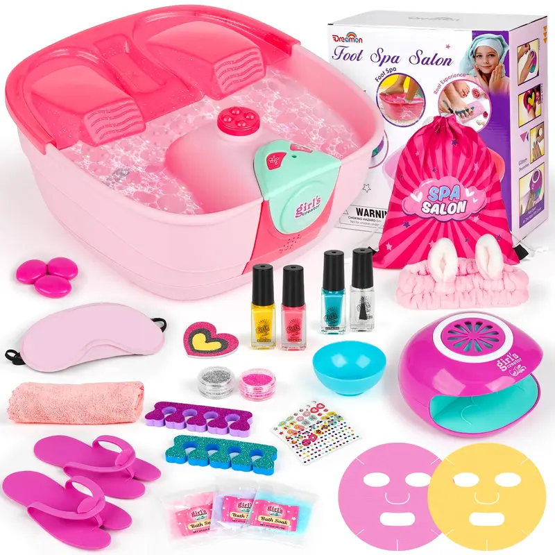 Dreamon Kids Pretend Foot Spa & Nail Kit - Kids Pretend Spa Day Kit for Girls with Mask Foot Bath and Nail Dryer, Manicures Pedicure Toy Kit & Nail Art, Role Playing Accessories, #backtoschool