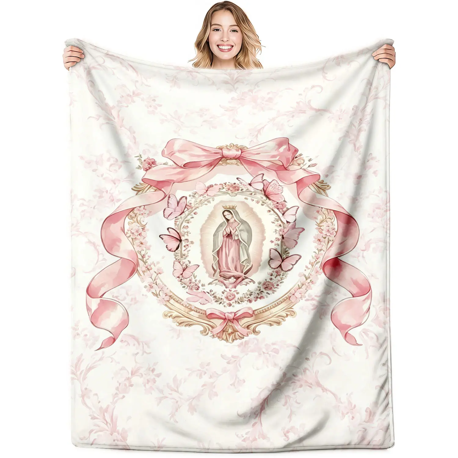 Virgin Mary Throw Blanket Soft Cozy Lightweight Flannel Blankets with Pink Bow Floral Butterfly Guadalupe Printed for Teens Adults Bedroom Dorm Office Birthday Party Decor Gifts
