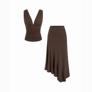 Cider V-neck Ruched Backless Tank Top & Asymmetrical Hem Maxi Skirt Set