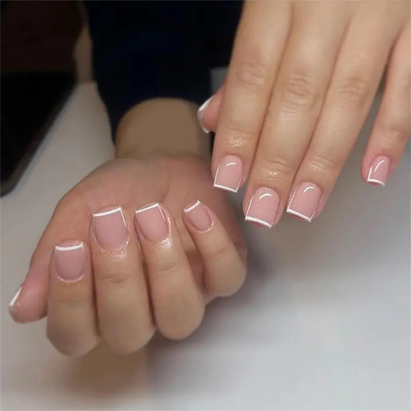 Short Square Fake Nail, 24pcs/set French Style Press on Nails with Nail File & Tape, Removable Nail Art Artificial Full Cover, Women Girls DIY Manicure