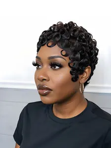 Pixie Human Hair Pixie Cut Wig, Short Curly Wavy Wig with Bangs, Natural, Rose Net Cap, Elegant Style for Women, Kinky Curly Wig