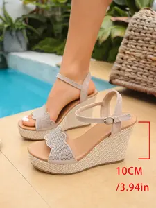 Ladies' wedge heel thick soled sandals, stylish shiny upper, adjustable buckle design, woven grass sole, anti slip daily beach sandals