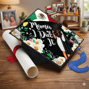 Mama I Did It Graduation Cap Topper Class of 2026 Mexico Flag Grad Cap Decorations Latina Hispanic Heritage Gift Floral Acrylic Cap Tassel