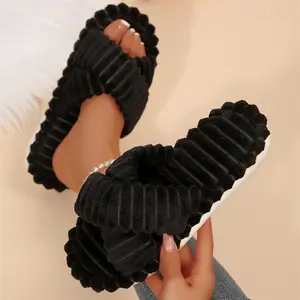 Women's Plush Cross Band Slippers Cozy Corduroy Open Toe Slides, Soft Indoor House Shoes for Leisure