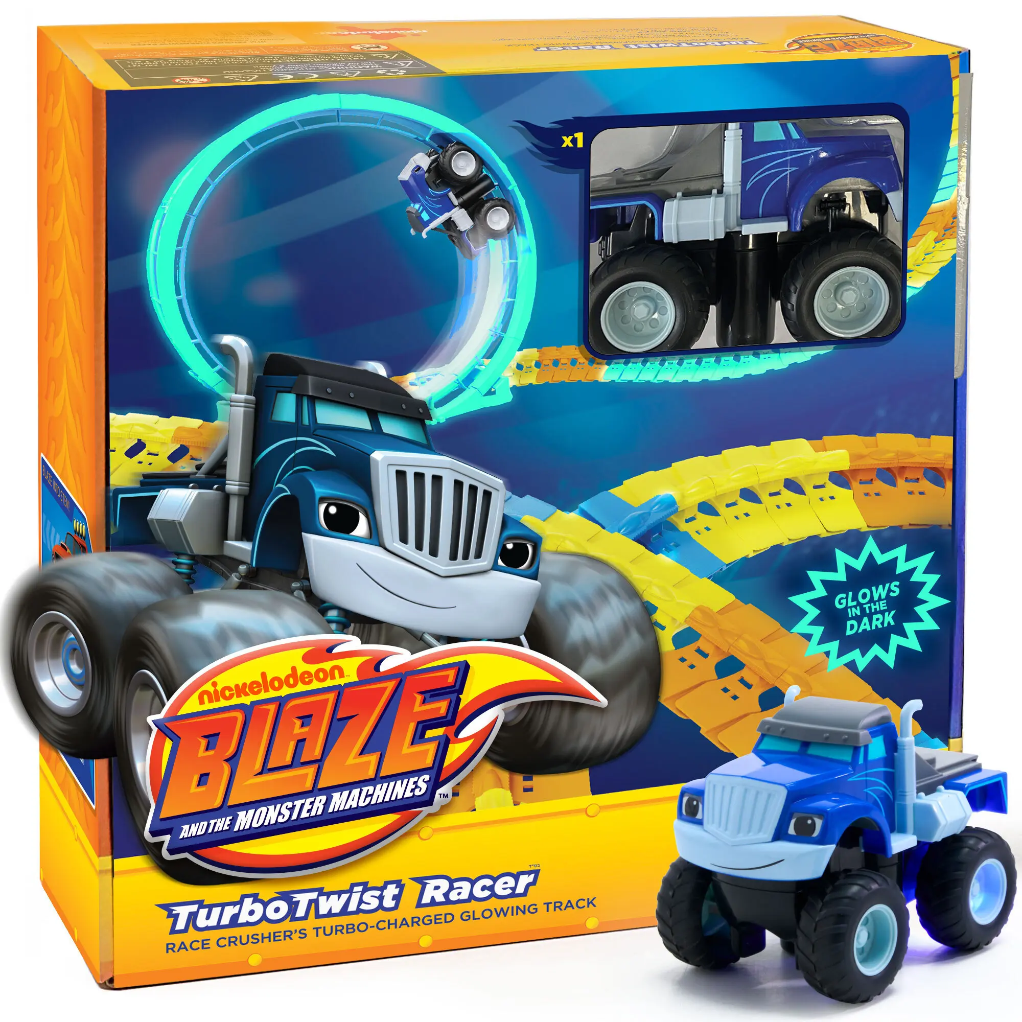 Blaze and the Monster Machines TurboTwist Racer Track Set – Crusher Edition – 117-Piece STEM Toy with Rechargeable Crusher Race Car, Glow-in-the-Dark Track & Speedy Loop – Official Nickelodeon Toys for Boys & Girls Ages 3-8