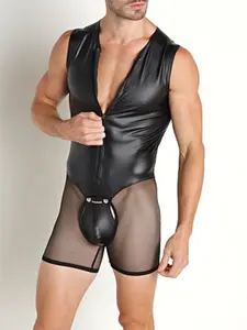 INCERUN Men's Fashion Home Wear, Leather Patchwork Mesh Briefs, Comfortable and Stylish Underwear, Perfect for Daily Use, Trendy Men's Apparel