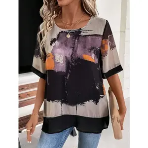 Rosette&Co Plus Size Women 1XL-5XL Summer Casual Tie Dye Shirt Round Neck Loose Fit Comfortable Tops for Women Cute Tops for Women Women’s Tops Trendy Tops Summer Tops for 2026 Women’s Clothing Women Clubbing Clothes Plus Size Tops Women