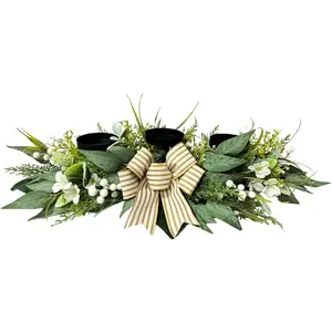 Candle Holder Centerpiece for Table,3 Wick Candle Holder with Artificial Gypsophila Flower,Artificial Eucalyptus Leaves Magnolia Holly Berries and Striped Bow for Table Centerpiece Decor,Dining Room