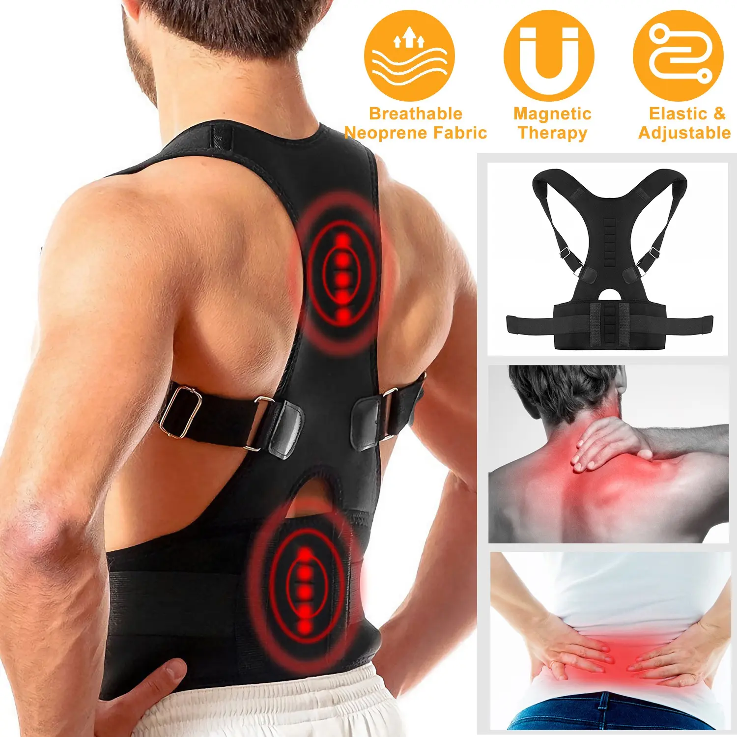 Unisex Adjustable Magnetic Posture Corrector Belt, Breathable Neoprene Back Support Brace for Upper Back, Lumbar, Clavicle and Shoulder Alignment, Daily Posture Trainer for Men and Women